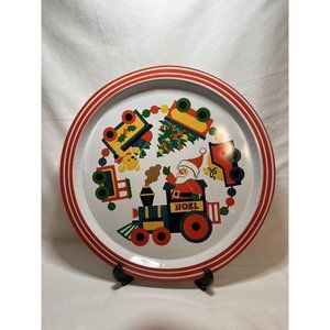Vintage 1986 Christmas NOEL Metal Tray Round Train Santa See Photos For Flaws
